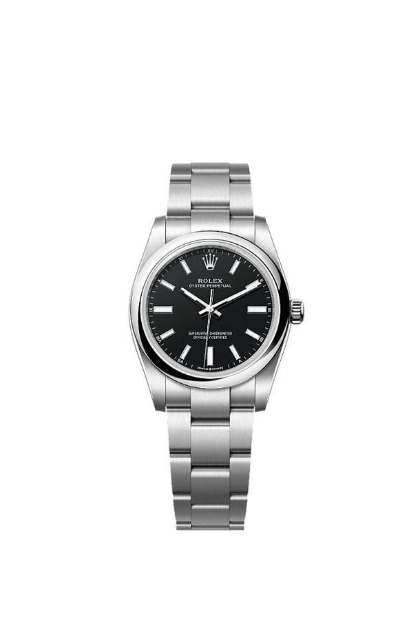 Unworn 2025, Oyster Perpetual, Oystersteel, 34mm, Black dial, Domed Oyster, Ref# 124200-0010, box and papers