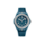 Unworn Big Bang One Click Petrol Blue Ceramic Diamonds 33, 485.ES.5171.RX.1204, box and papers