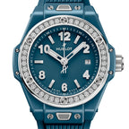 Unworn Big Bang One Click Petrol Blue Ceramic Diamonds 33, 485.ES.5171.RX.1204, box and papers