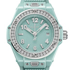 Unworn Big Bang One Click Mint Green Ceramic Diamonds 33, 485.GS.5271.RX.1204, box and papers