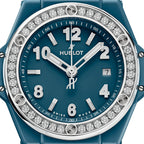 Unworn Big Bang One Click Petrol Blue Ceramic Diamonds 33, 485.ES.5171.RX.1204, box and papers