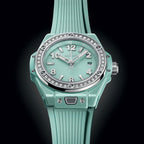 Unworn Big Bang One Click Mint Green Ceramic Diamonds 33, 485.GS.5271.RX.1204, box and papers