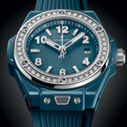 Unworn Big Bang One Click Petrol Blue Ceramic Diamonds 33, 485.ES.5171.RX.1204, box and papers