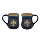 Set of 2 Glossy Blue Fleur De Lis Stoneware Coffee Mugs