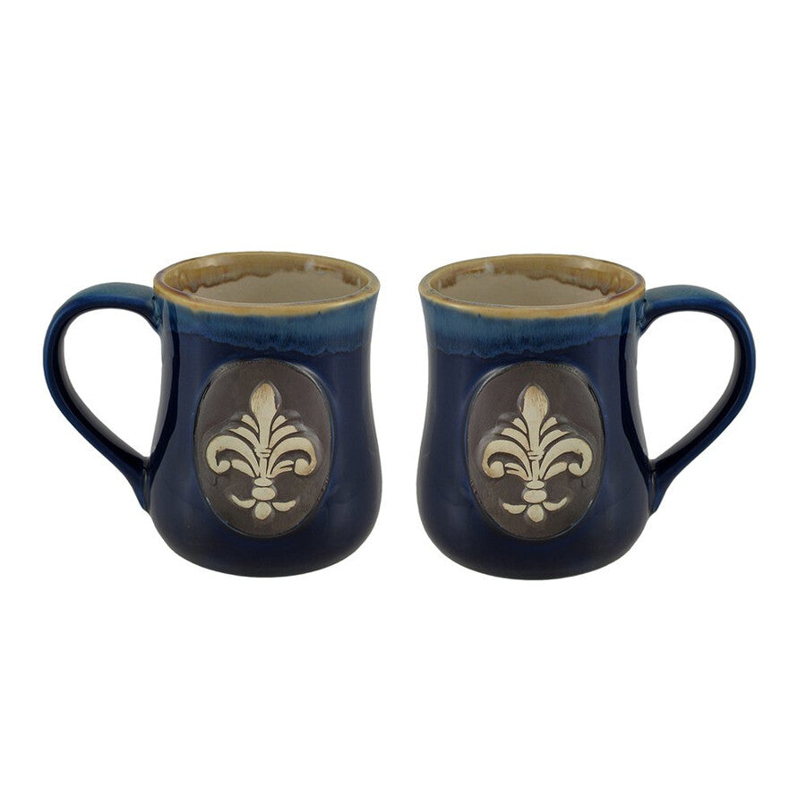 Set of 2 Glossy Blue Fleur De Lis Stoneware Coffee Mugs