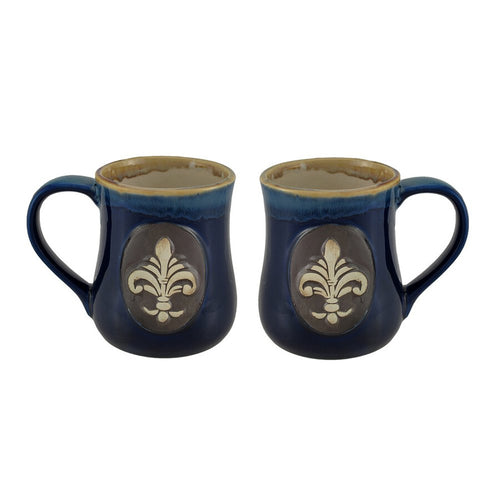 Set of 2 Glossy Blue Fleur De Lis Stoneware Coffee Mugs