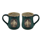 Set of 2 Glossy Green Fleur De Lis Stoneware Coffee Mugs