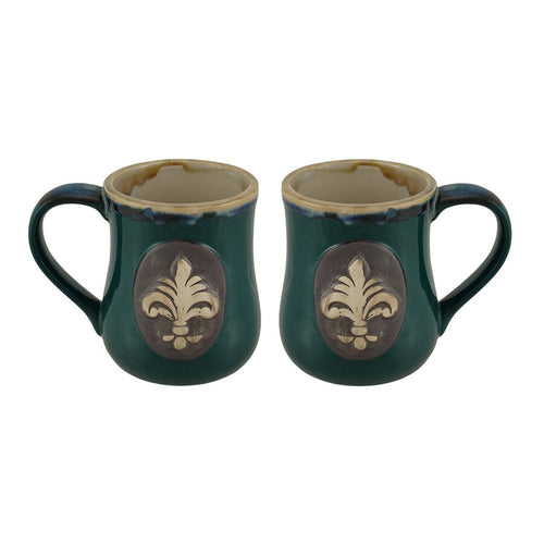 Set of 2 Glossy Green Fleur De Lis Stoneware Coffee Mugs