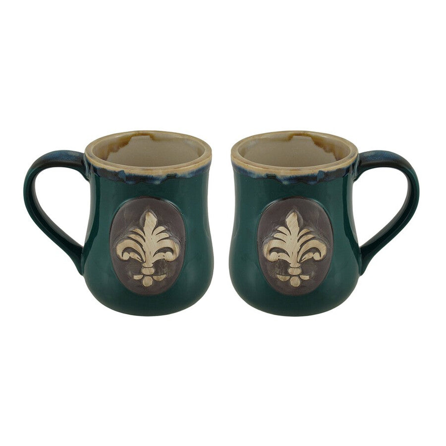 Set of 2 Glossy Green Fleur De Lis Stoneware Coffee Mugs