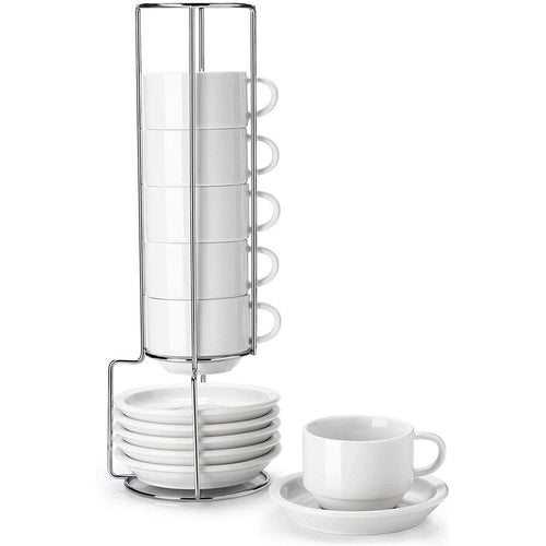 Porcelain Stackable Espresso Cups with Saucers and Metal Stand 4