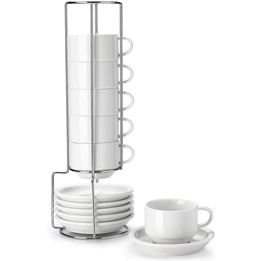 Porcelain Stackable Espresso Cups with Saucers and Metal Stand 4