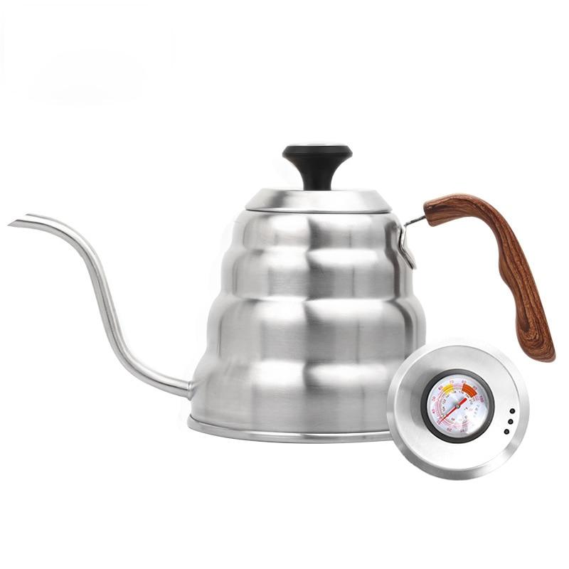 1.2L Stainless Steel pour over coffee tea gooseneck kettle with Thermometer Coffee Pots 1W Wooden handle 