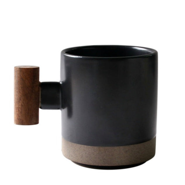 vintage cermaic mug with woodden handle black