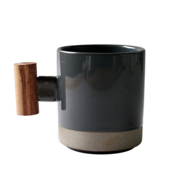 vintage cermaic mug with woodden handle black