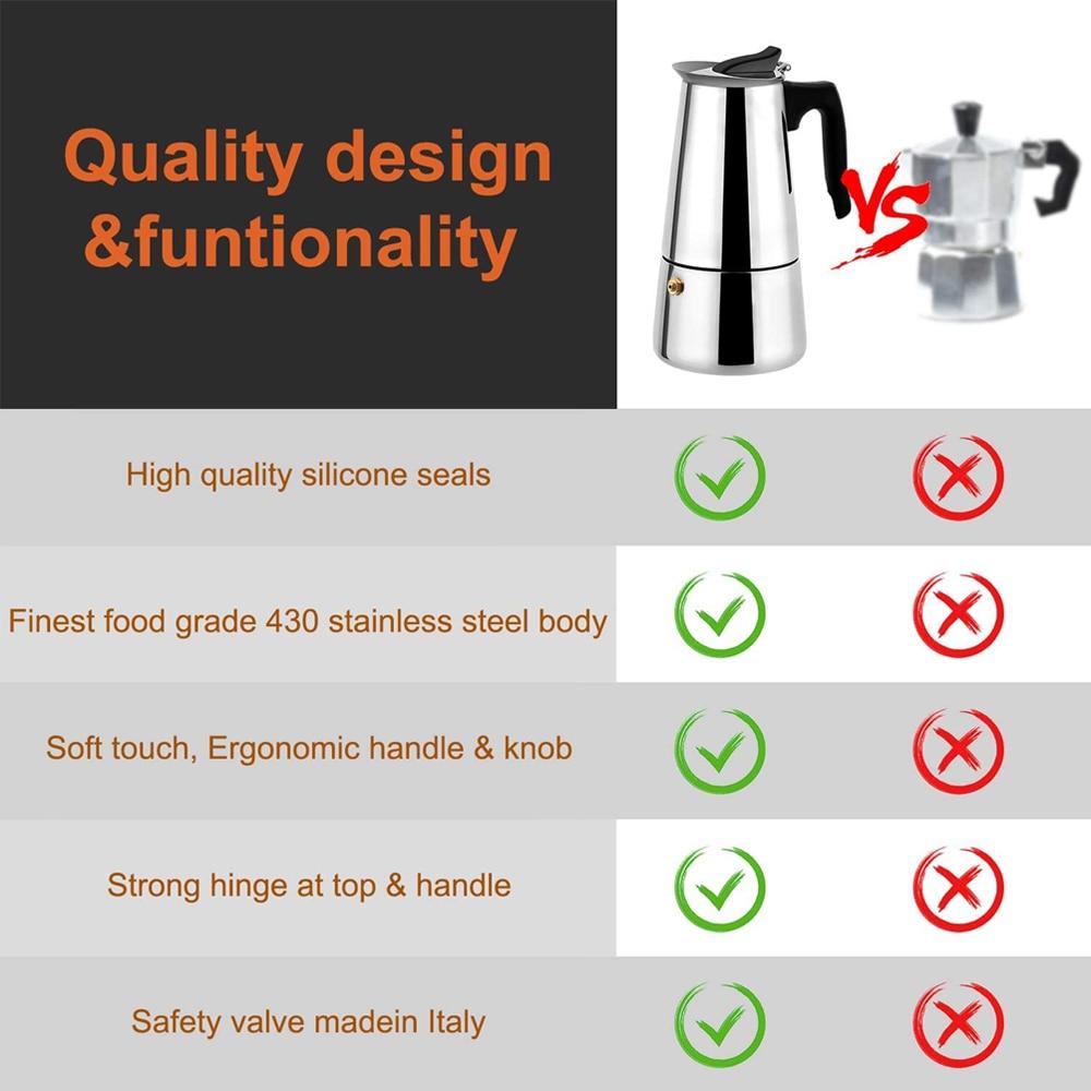 Italian Coffee Maker Espresso 6 Cup Moka Pot Stainless Steel Portable Stovetop Coffee Maker Coffee Pots Campare With Chart