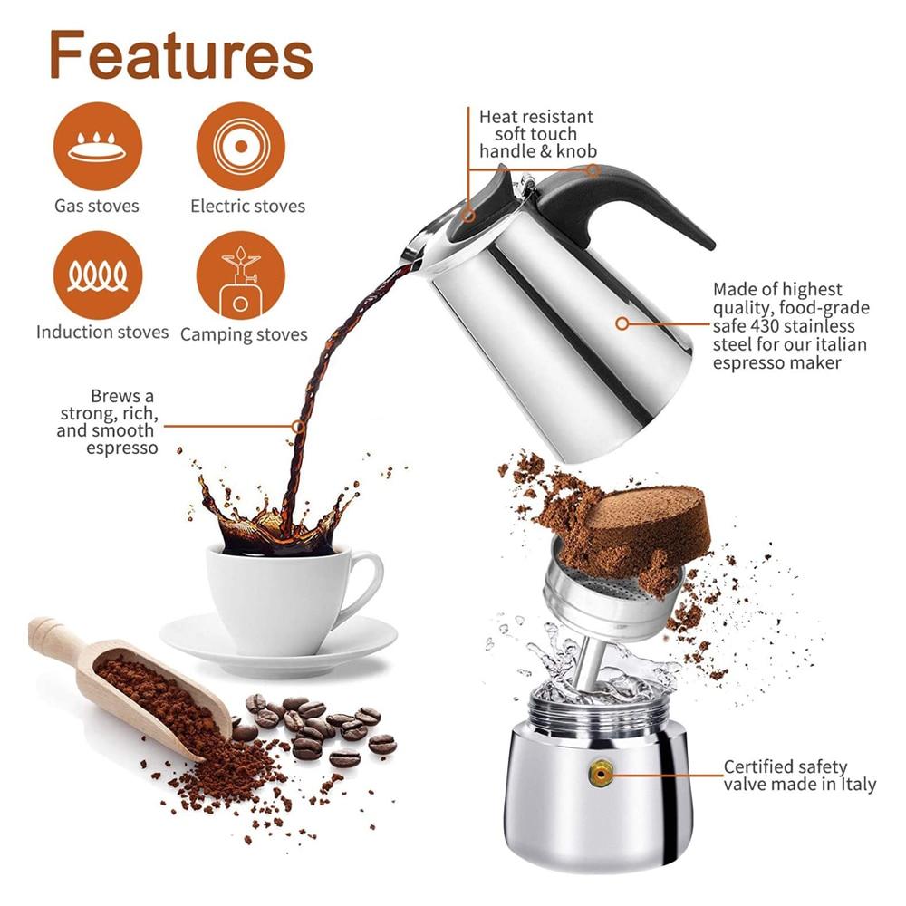 Italian Coffee Maker Espresso 6 Cup Moka Pot Stainless Steel Portable Stovetop Coffee Maker Coffee Pots Features Infographic