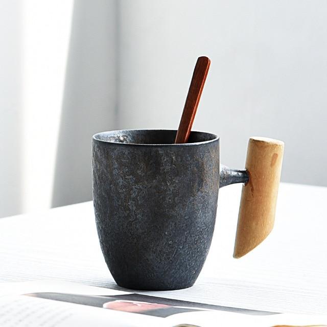 16oz Rustic Wood Handle Japanese-style Hand Crafted Ceramic Coffee Mug Mugs Slate - Style-4 B 