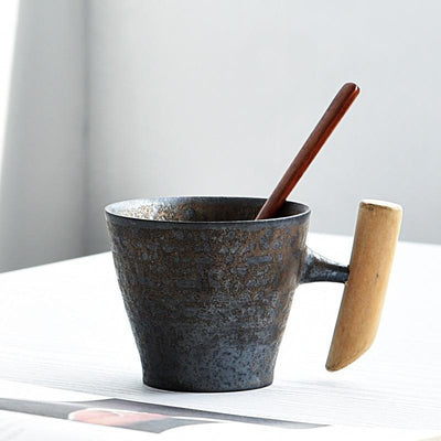 12oz Japanese-style Wood Handle Vintage Ceramic Coffee Tea Mug Mugs Slate Style-1 B 