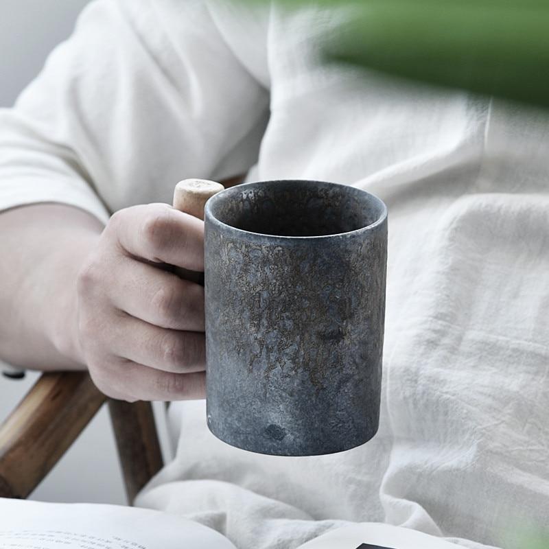 16oz Japanese-style Vintage Ceramic Coffee Mug with Wood Handle Mugs 
