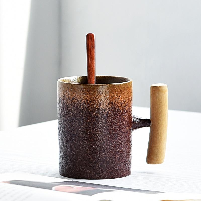 16oz Japanese-style Vintage Ceramic Coffee Mug with Wood Handle Mugs Clay Style-3 A 