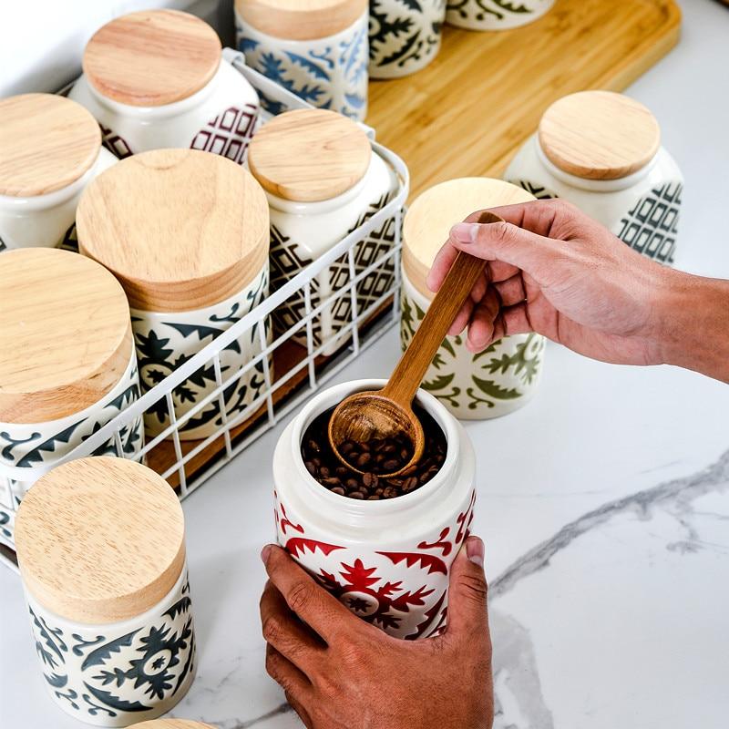 Retro Nordic Kitchen Sealed Ceramic Canister Tea Coffee Sugar Storage Wood Lid Bottles,Jars & Boxes 