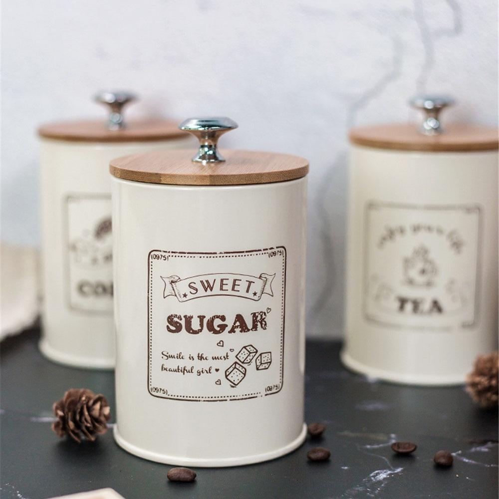 Tea Coffee Sugar Storage Jars Wooden Lid Sealed Metal Canister Tin Jar Storage Bottles & Jars 
