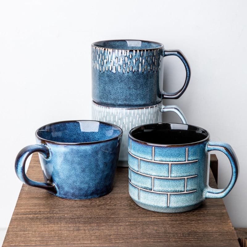 12oz Vintage Hand Glazed Simple Style Ceramic Coffee Cup Mug Blue Mugs 