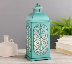 Indoor/Outdoor 18" Flickering Flame Metal Leaf Lantern by Valerie - Verdigris