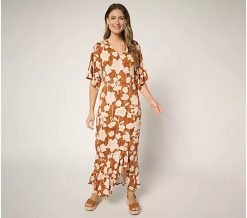 Peace Love World Boheme Regular Knit Flutter Sleeve V-Neck Dress - Caramel, XL