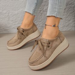 European And American-style Chunky-soled Womens Pumps With Front Laces Casual Chunky-soled Shoes - Khaki, 37