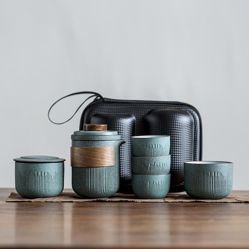 Bluestone Glaze Striped Quick Guest Cup One Pot Two Cups Four Cups Ceramic Travel Portable Tea Set Outdoor - Image 3