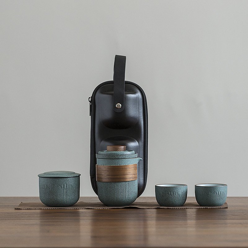 Bluestone Glaze Striped Quick Guest Cup One Pot Two Cups Four Cups Ceramic Travel Portable Tea Set Outdoor - Image 7