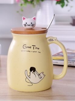 450ml Cartoon Ceramics Cat Mug With Lid and Spoon Coffee Milk Tea Mugs Breakfast Cup Drinkware Novelty Gifts - Yellow
