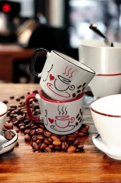 Alternative view of Set Of 2 Handmade Ceramic Mugs With Coffee-Themed Hand-Painted Designs