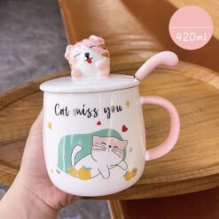 Cartoon Cat Mug With Lid Spoon Cute Ceramic - Pink, Spoon with lid