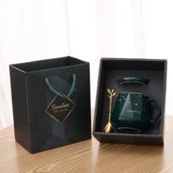 Gift Box With Lid Ceramic Mug With Spoon - Green Dark Green Box, 301 400ml