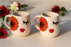 Set Of 2 Handmade Embossed Flower Face Mugs 400ml For Unique Coffee Experience - Default