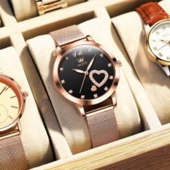 Alternative view of OLEVS Ladies Watches Rose Gold Mesh Strap Fashion Dress Japanese Quartz Waterproof Luminous Female Watches for Women Black Dial