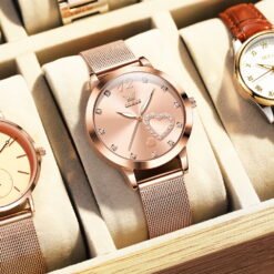 Alternative view of OLEVS Ladies Watches Rose Gold Mesh Strap Fashion Dress Japanese Quartz Waterproof Luminous Female Watches for Women Pink Dial