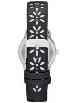 Alternative view of Time and Tru Women's Analog Watch: Silver Tone Round Case, Crystal Accent on Faux Mother of Pearl Dial, Black Faux Leather Perforated Strap (FMDOTT031)