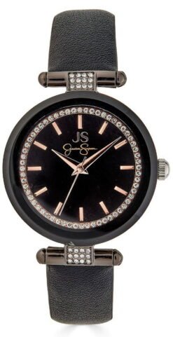 Jessica Simpson 36mm Gunmetal Tone Crystal Accent Mettalized Bezel Black Strap Ladies Watch