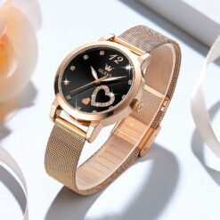 OLEVS Ladies Watches Rose Gold Mesh Strap Fashion Dress Japanese Quartz Waterproof Luminous Female Watches for Women Black Dial