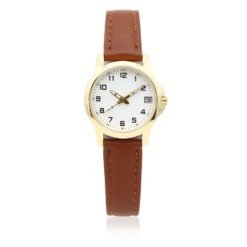 Time & Tru Ladies' Gold Tone Watch with PU Brown Strap and Date Function, 26.5 MM
