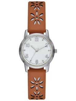 Time and Tru Women's Analog Watch: Silver Tone Round Case, Crystal Accent on Faux Mother of Pearl Dial, Brown Faux Leather Perforated Strap (FMDOTT054)