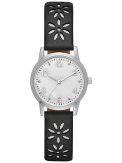 Time and Tru Women's Analog Watch: Silver Tone Round Case, Crystal Accent on Faux Mother of Pearl Dial, Black Faux Leather Perforated Strap (FMDOTT031)