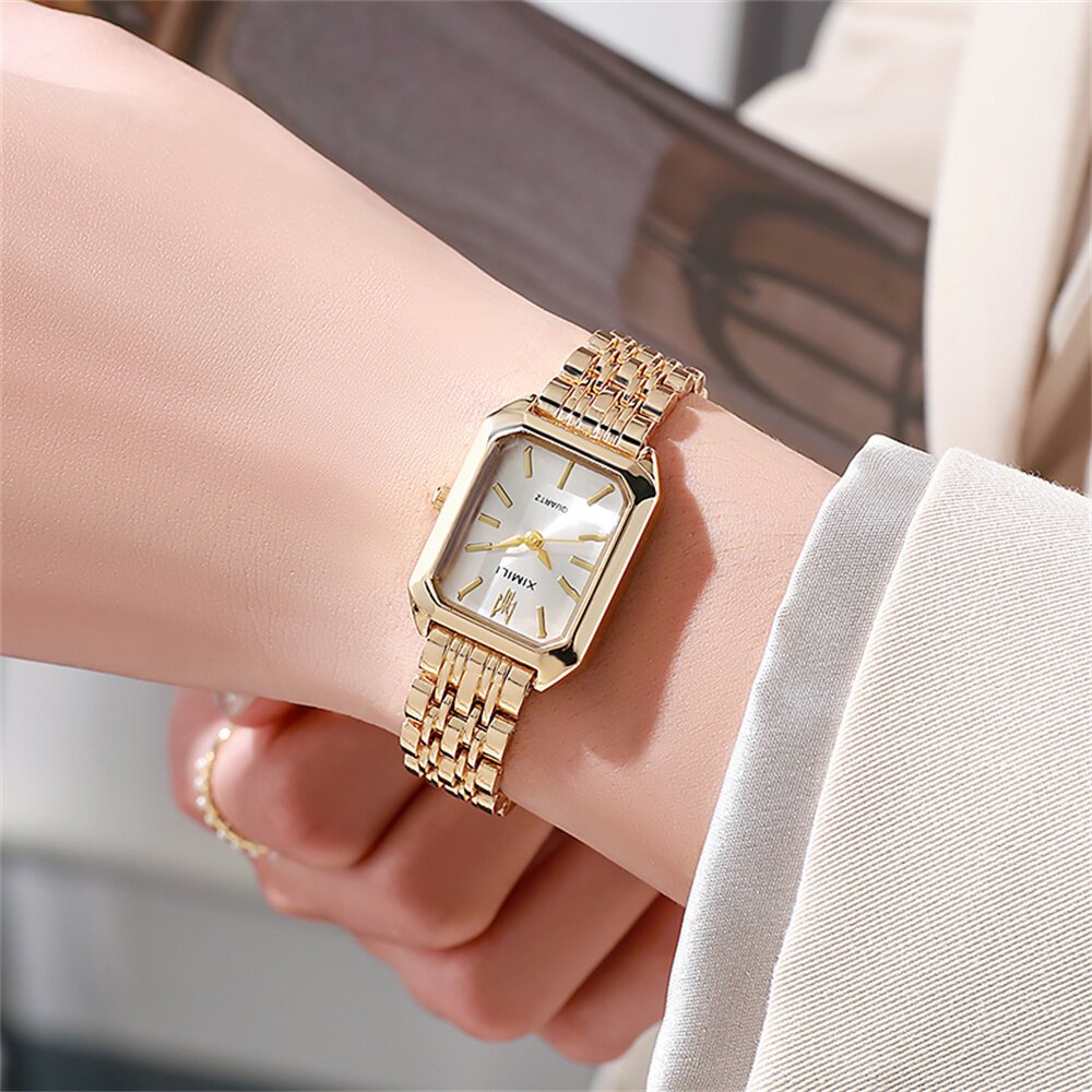 luxury ladies fashion quartz watch simple scale square quality gold plated women watches business stainless steel folding clock luxury ladies fashion quartz watch simple scale square quality gold plated women watches business stainless steel folding clock