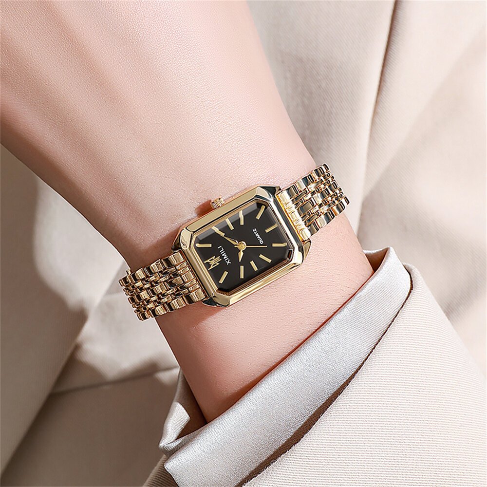 luxury ladies fashion quartz watch simple scale square quality gold plated women watches business stainless steel folding clock luxury ladies fashion quartz watch simple scale square quality gold plated women watches business stainless steel folding clock