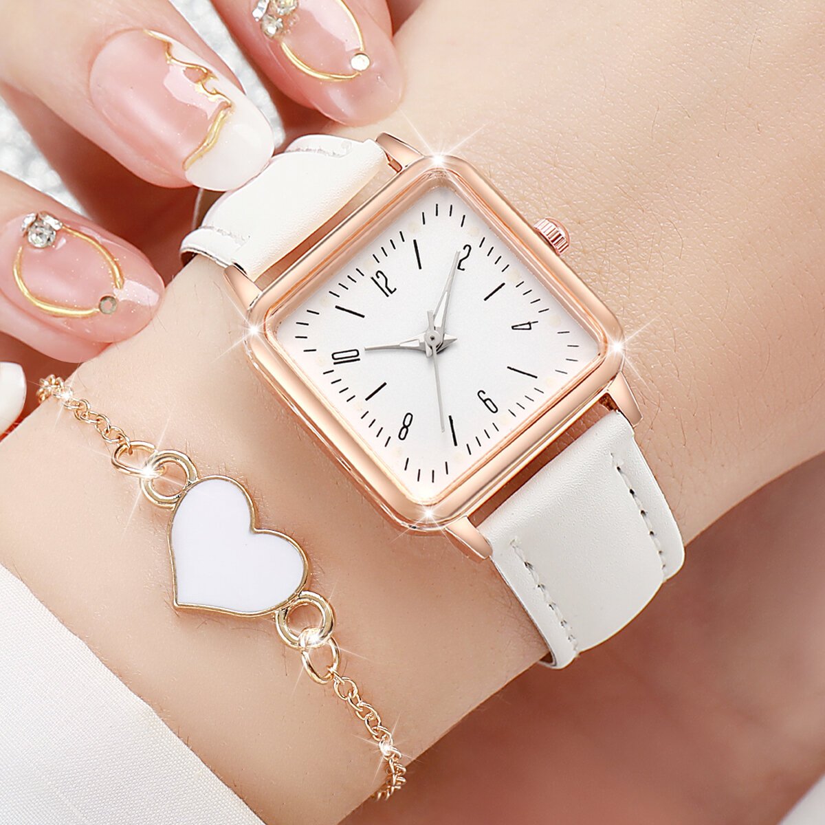 2/4pcs fashion square women's watch leather band quartz watches heart bracelet set(without box) 2/4pcs fashion square women's watch leather band quartz watches heart bracelet set(without box)