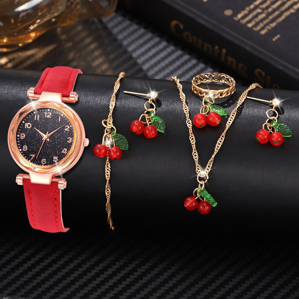 5/6 pcs/set red women's watch with minimalist elements dial quartz watch latex strap cherry elements jewelry set girl's gift 5/6 pcs/set red women's watch with minimalist elements dial quartz watch latex strap cherry elements jewelry set girl's gift