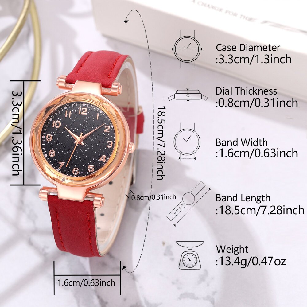 5/6 pcs/set red women's watch with minimalist elements dial quartz watch latex strap cherry elements jewelry set girl's gift 5/6 pcs/set red women's watch with minimalist elements dial quartz watch latex strap cherry elements jewelry set girl's gift